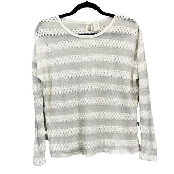 Francesca's Women's White Sliver Metallic Sheer Striped Pullover Sweater Sz L - Picture 1 of 3